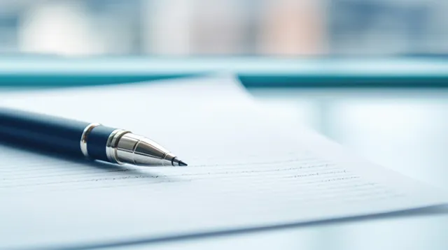 Ein Stift, der auf einem Vertrag oder einem Antragsformular liegt, Weitwinkelaufnahme.