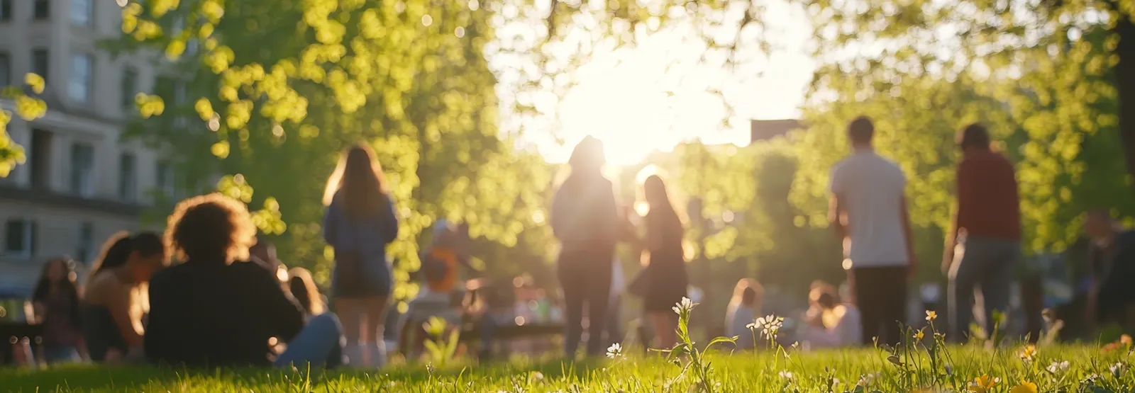 Eine unscharfe Aufnahme einer Gruppe von Menschen, die an einem sonnigen Tag in einem grünen Park entspannen, wobei die warmen Sonnenstrahlen der untergehenden Sonne durch die Bäume scheinen.