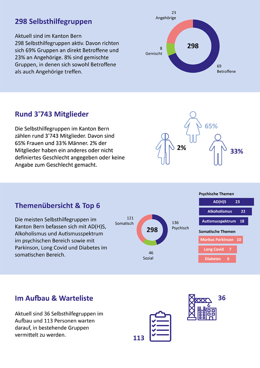 Grafische Übersicht zur Selbsthilfe im Kanton Bern (Juli 2025): 298 Gruppen, 3'743 Mitglieder (65 % Frauen, 33 % Männer, 2 % divers), 36 neue Gruppen im Aufbau, 113 Personen auf Warteliste.