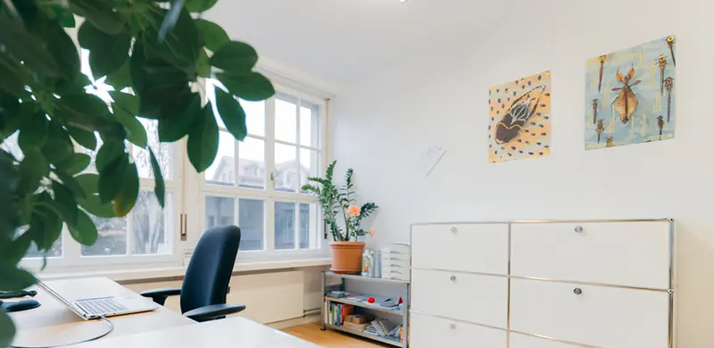 Moderner Büroraum mit Schreibtisch, Bürostuhl, Pflanzen, Regalen und zwei abstrakten Bildern an der Wand.